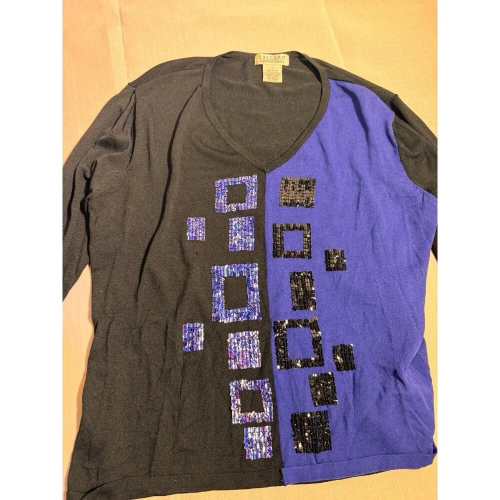 John Paul Richard Uniform Top L Black Blue Sequin Geometric V-Neck Long Sleeve - Picture 3 of 8